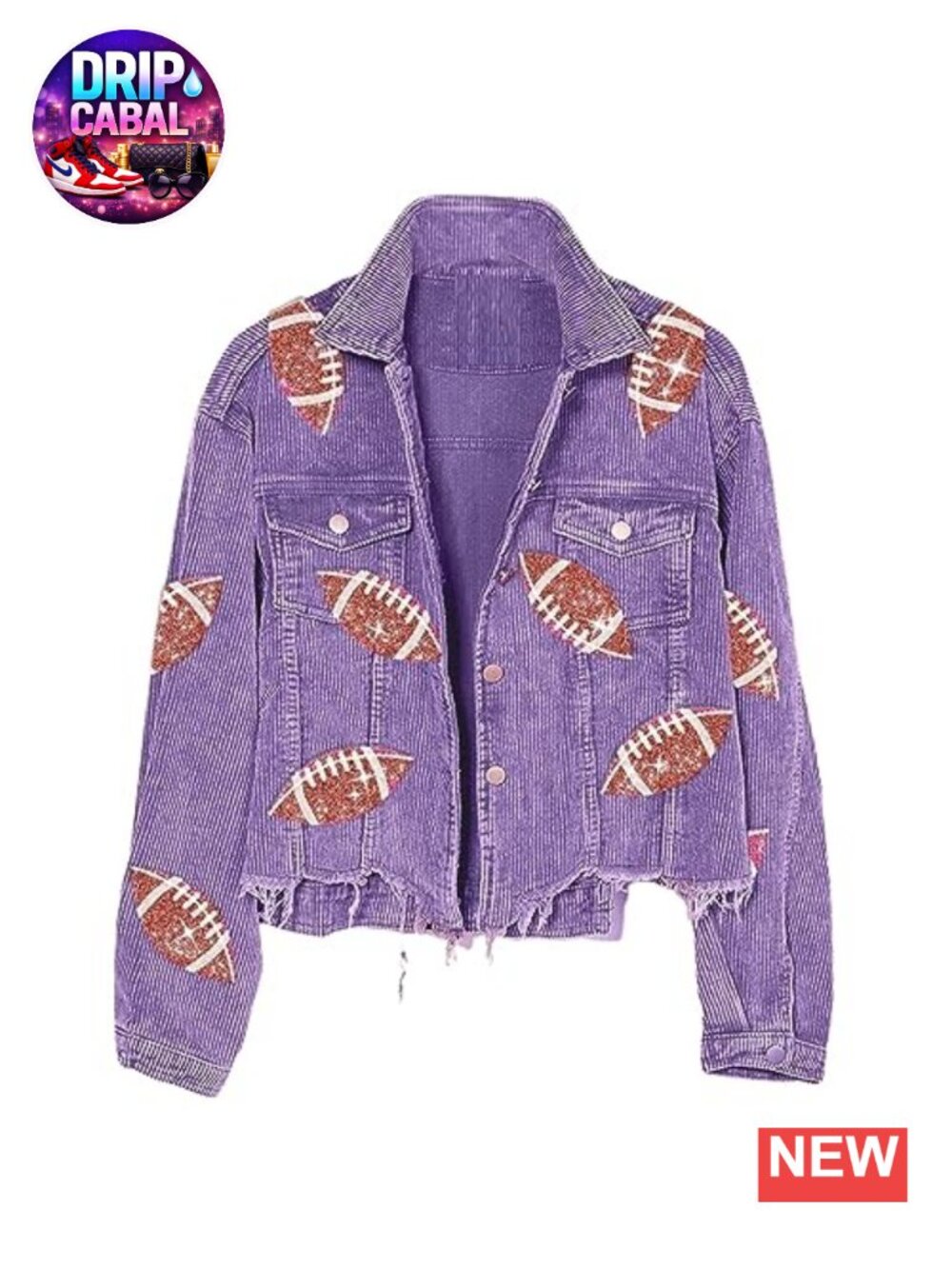 Xunger Women's Football Corduroy Sequin Jacket Cropped Distressed Rugby Patched